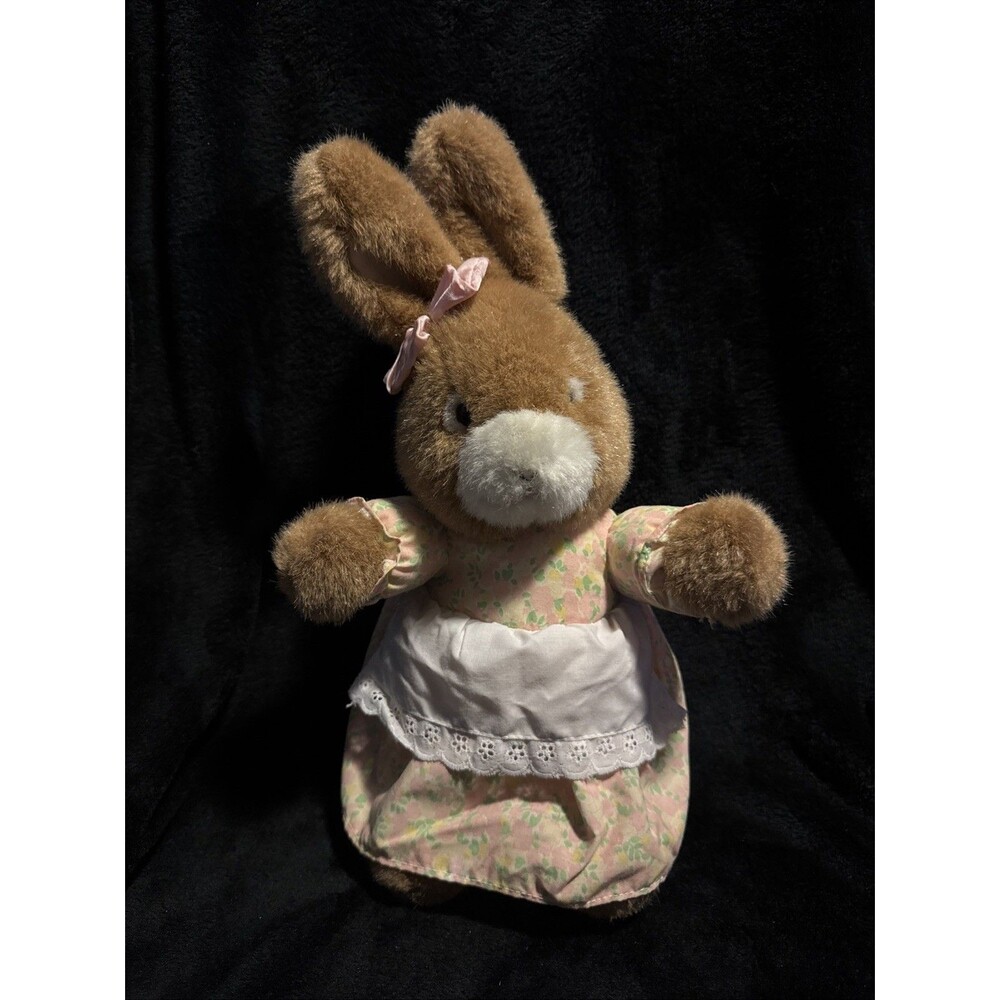 Vintage 1987 Plush Creations Inc Rabbit Floral Dress Brown Bunny 14"